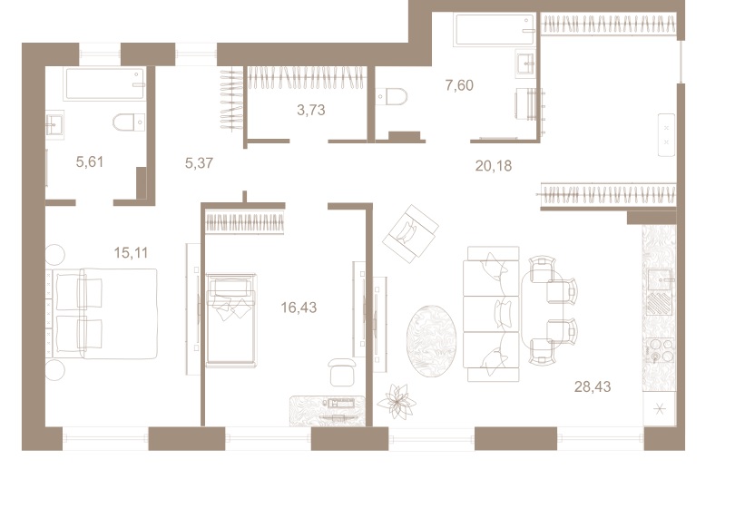2-комнатная квартира  №6 в Северная корона Residence: 104.5 м², этаж 3 - купить в Санкт-Петербурге
