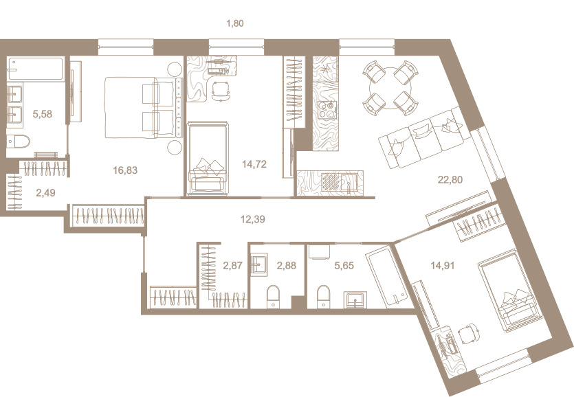 3-комнатная квартира  №186 в Северная корона Residence: 101.6 м², этаж 4 - купить в Санкт-Петербурге