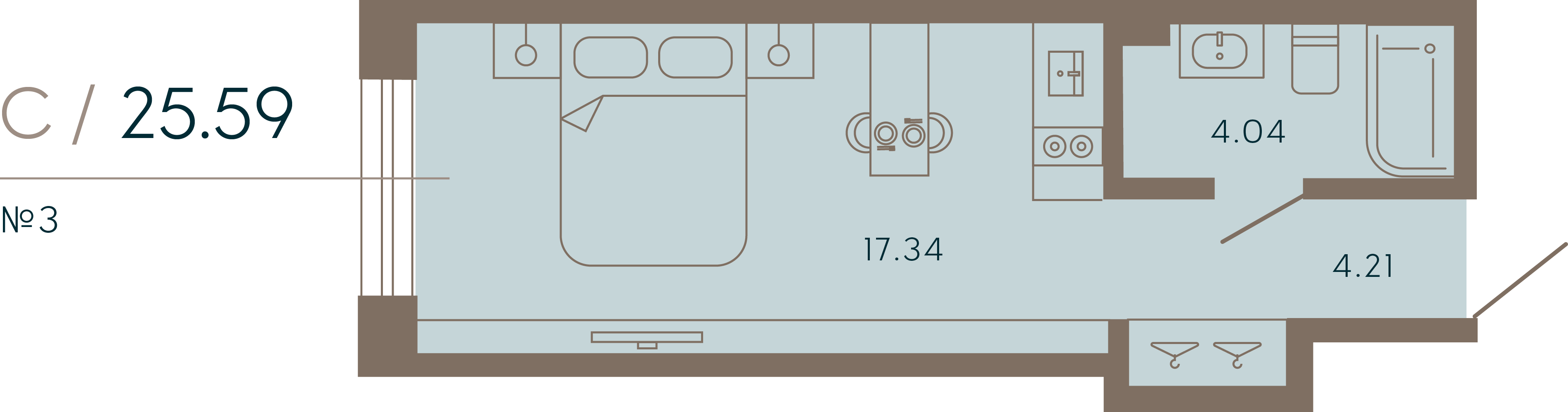 1-комнатная квартира  №3 в 17/33 Петровский остров: 26.68 м², этаж 2 - купить в Санкт-Петербурге