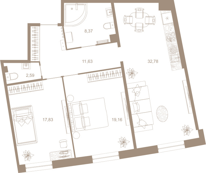 2-комнатная квартира  №81 в Северная корона Residence: 92.4 м², этаж 2 - купить в Санкт-Петербурге