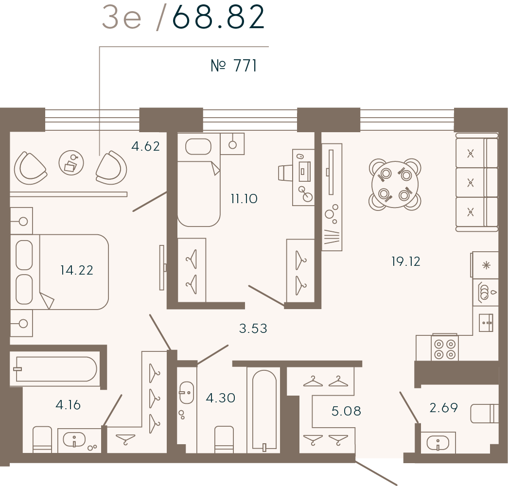 2-комнатная квартира  №771 в 17/33 Петровский остров: 68.82 м², этаж 8 - купить в Санкт-Петербурге