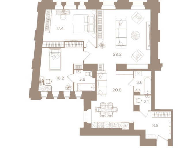 3-комнатная квартира  №8 в Северная корона Apartments: 101.7 м², этаж 2 - купить в Санкт-Петербурге