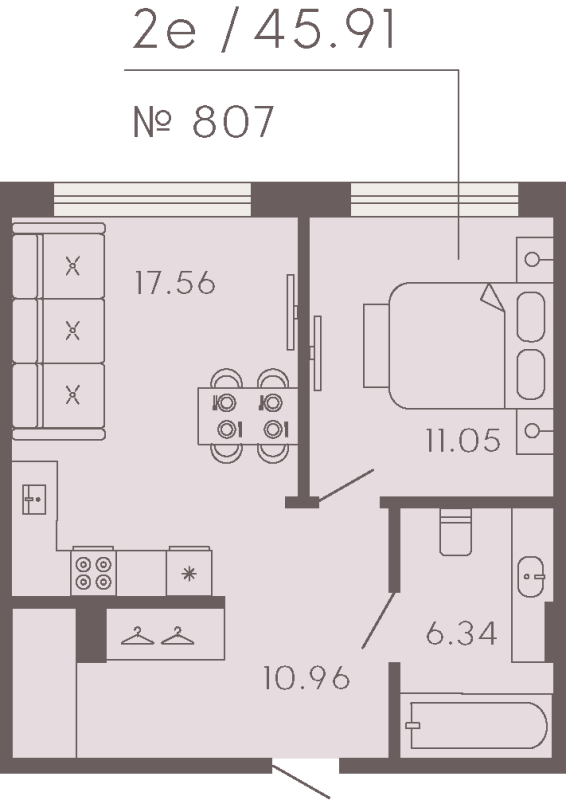 1-комнатная квартира  №807 в 17/33 Петровский остров: 47.78 м², этаж 3 - купить в Санкт-Петербурге