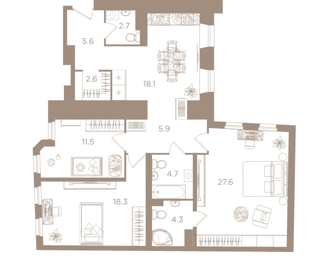 3-комнатная квартира  №24 в Северная корона Apartments: 101.3 м², этаж 4 - купить в Санкт-Петербурге