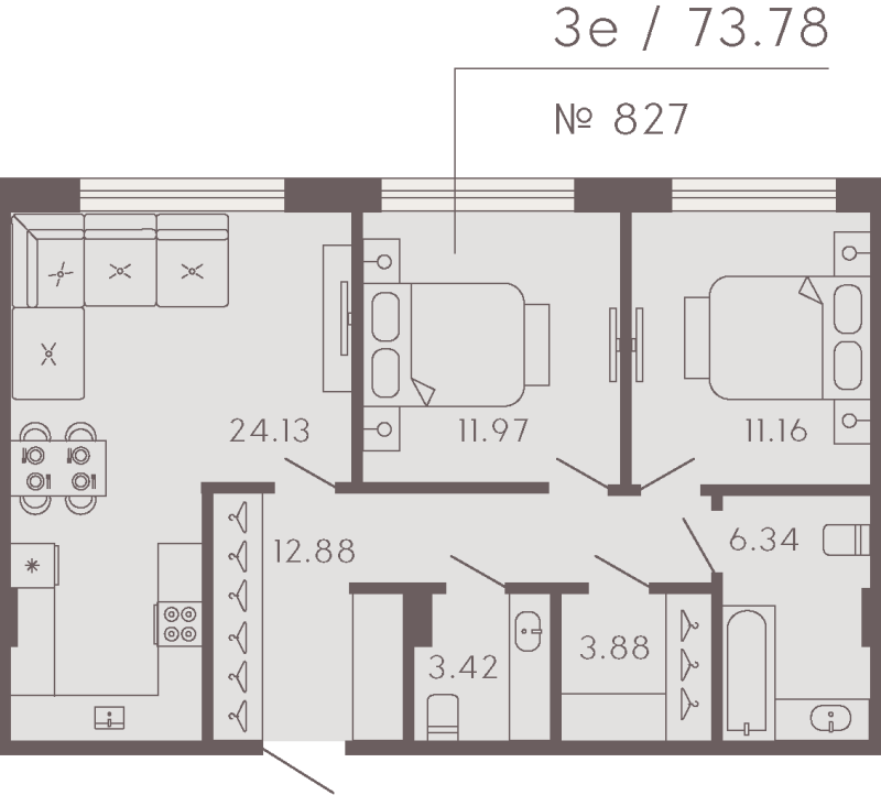 2-комнатная квартира  №827 в 17/33 Петровский остров: 73.08 м², этаж 5 - купить в Санкт-Петербурге