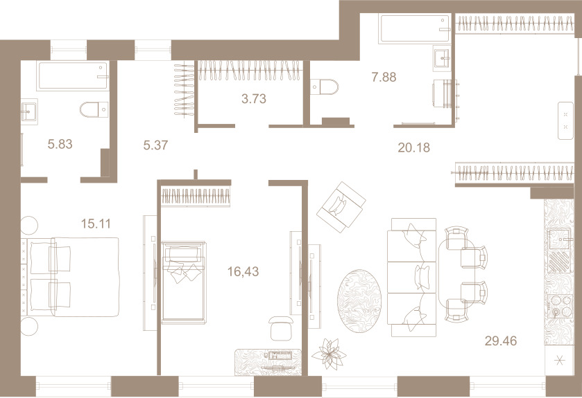 2-комнатная квартира  №3 в Северная корона Residence: 104.5 м², этаж 2 - купить в Санкт-Петербурге