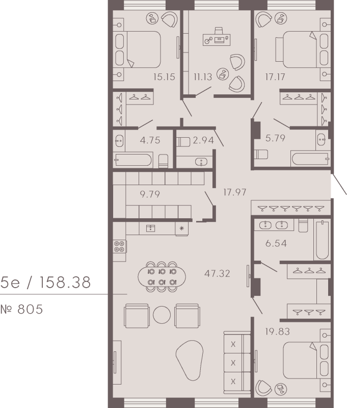 4-комнатная квартира  №805 в 17/33 Петровский остров: 156.96 м², этаж 3 - купить в Санкт-Петербурге