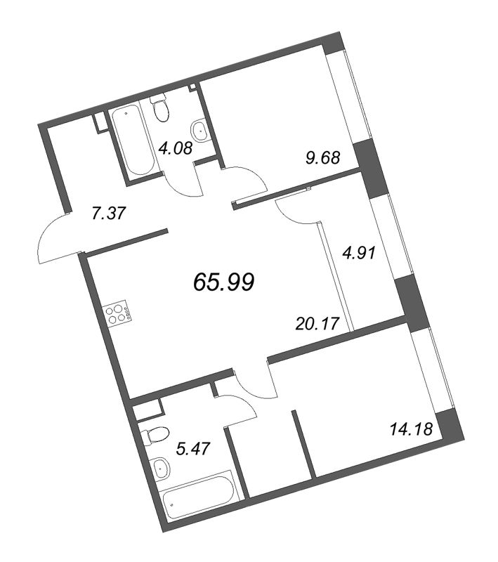 2-комнатная квартира  №711 в 17/33 Петровский остров: 67.83 м², этаж 3 - купить в Санкт-Петербурге