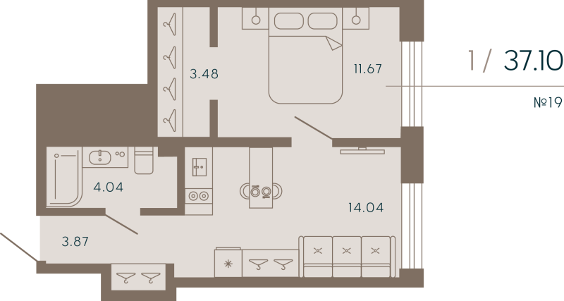 1-комнатная квартира  №19 в 17/33 Петровский остров: 37.96 м², этаж 2 - купить в Санкт-Петербурге