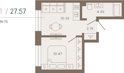 1-комнатная квартира  №78 в 17/33 Петровский остров: 28.45 м², этаж 5 - купить в Санкт-Петербурге