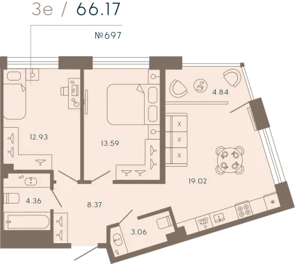 1-комнатная квартира  №697 в 17/33 Петровский остров: 67.96 м², этаж 2 - купить в Санкт-Петербурге