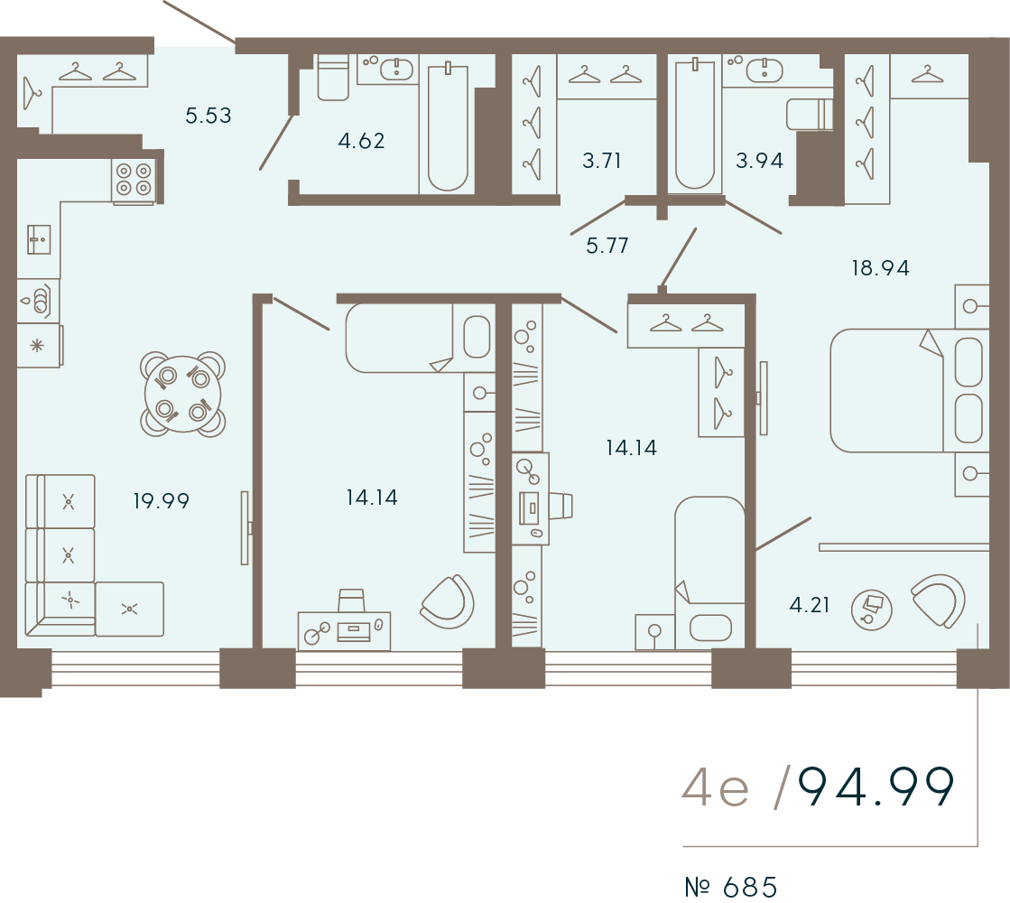 3-комнатная квартира  №685 в 17/33 Петровский остров: 94.99 м², этаж 8 - купить в Санкт-Петербурге