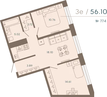 2-комнатная квартира  №774 в 17/33 Петровский остров: 58.06 м², этаж 8 - купить в Санкт-Петербурге