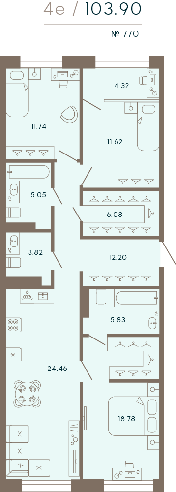 3-комнатная квартира  №770 в 17/33 Петровский остров: 103.9 м², этаж 8 - купить в Санкт-Петербурге