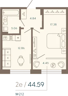 1-комнатная квартира  №212 в 17/33 Петровский остров: 45.75 м², этаж 4 - купить в Санкт-Петербурге