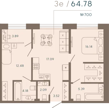 2-комнатная квартира  №700 в 17/33 Петровский остров: 66.49 м², этаж 2 - купить в Санкт-Петербурге