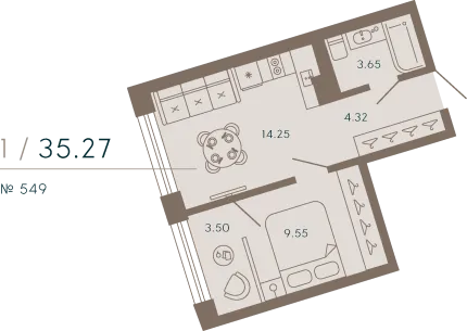 1-комнатная квартира  №549 в Цивилизация на Неве: 35.24 м², этаж 6 - купить в Санкт-Петербурге