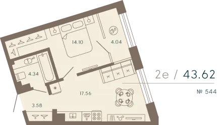 1-комнатная квартира  №544 в 17/33 Петровский остров: 44.84 м², этаж 6 - купить в Санкт-Петербурге