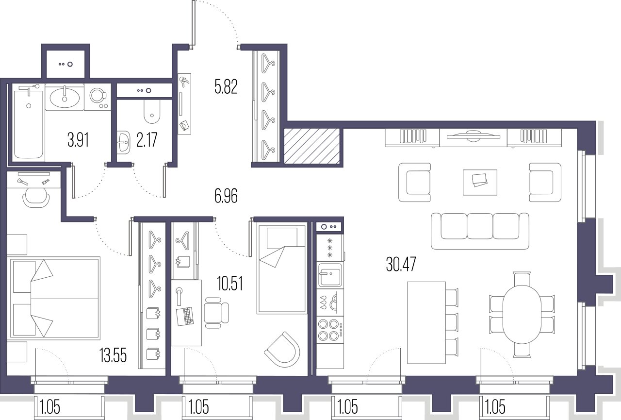 2-комнатная квартира  №518 в Сампсониевский, 32: 73.39 м², этаж 3 - купить в Санкт-Петербурге