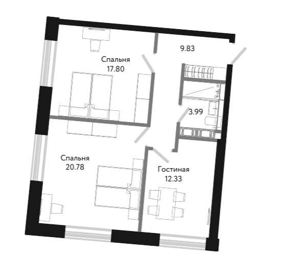 2-комнатная квартира  №1-11-3 в ЖК Эталон на Неве: 66.1 м², этаж 11 - купить в Санкт-Петербурге
