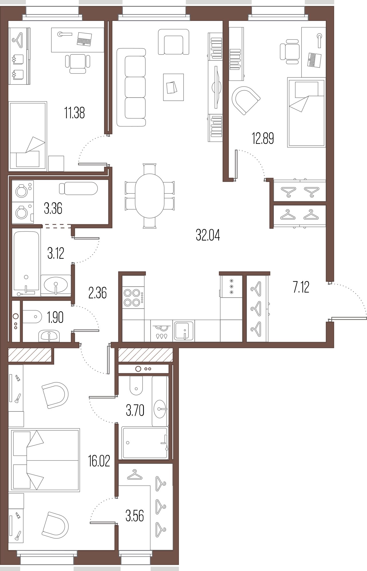 3-комнатная квартира  №374 в Сампсониевский, 32: 97.45 м², этаж 5 - купить в Санкт-Петербурге