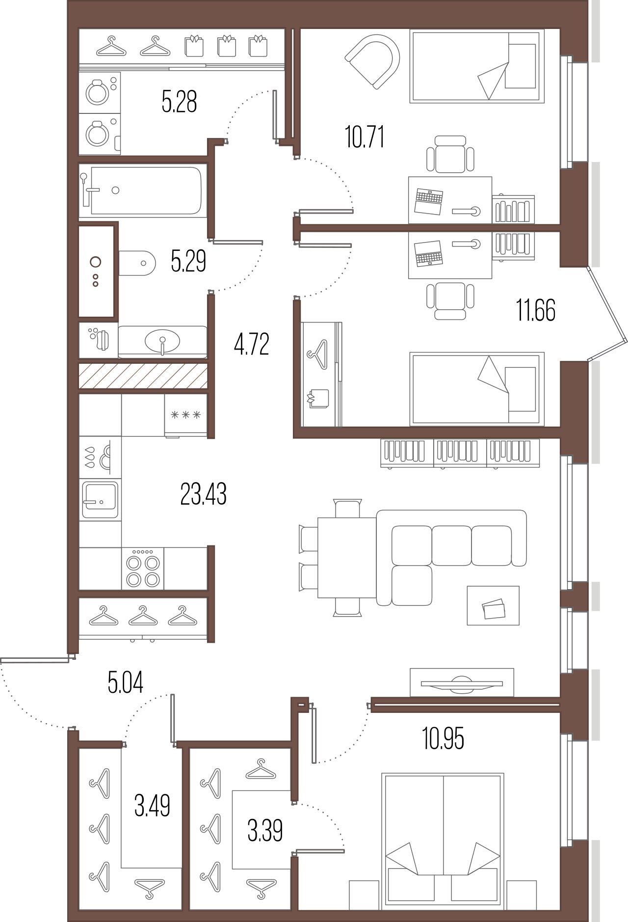 3-комнатная квартира  №105 в One Trinity Place: 83.96 м², этаж 2 - купить в Санкт-Петербурге
