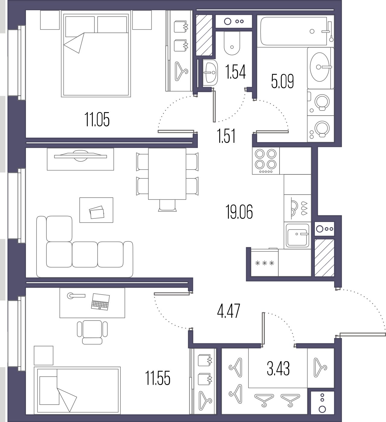 2-комнатная квартира  №50 в Сампсониевский, 32: 57.7 м², этаж 7 - купить в Санкт-Петербурге