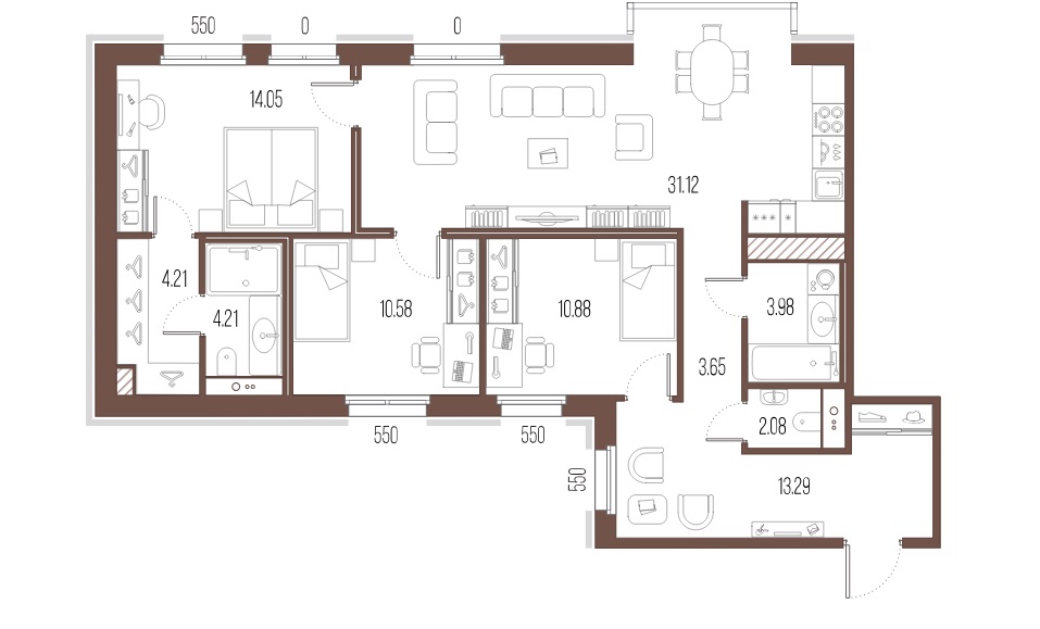 3-комнатная квартира  №544 в Сампсониевский, 32: 98.05 м², этаж 5 - купить в Санкт-Петербурге