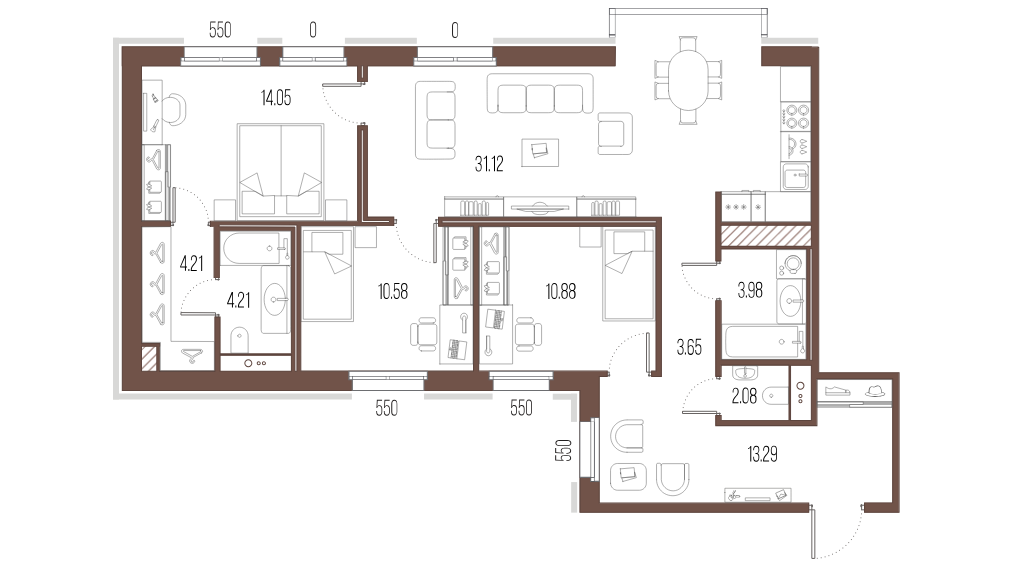 3-комнатная квартира  №536 в Svetlana Park: 98.05 м², этаж 3 - купить в Санкт-Петербурге