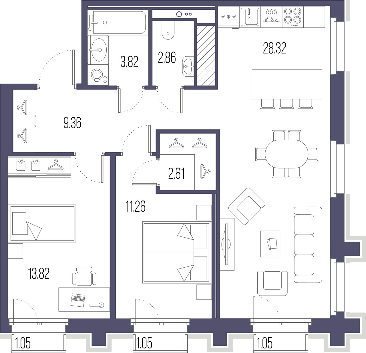 2-комнатная квартира  №143 в One Trinity Place: 72.05 м², этаж 7 - купить в Санкт-Петербурге