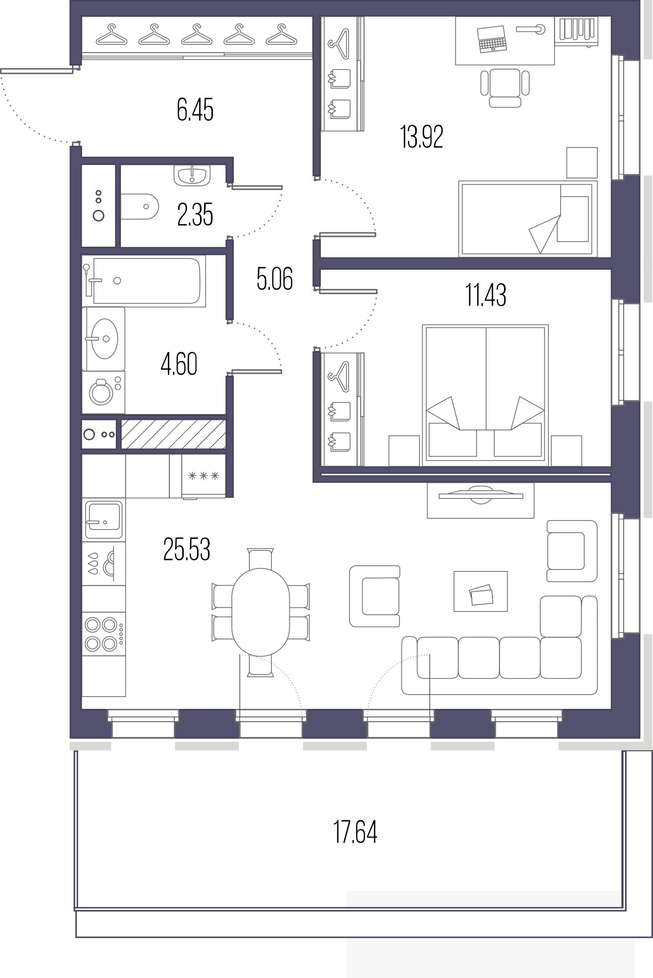 2-комнатная квартира  №65 в Сампсониевский, 32: 69.34 м², этаж 9 - купить в Санкт-Петербурге