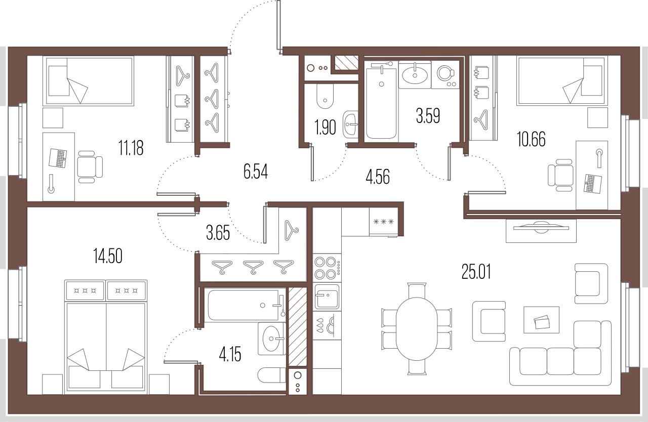 3-комнатная квартира  №558 в Сампсониевский, 32: 85.74 м², этаж 3 - купить в Санкт-Петербурге
