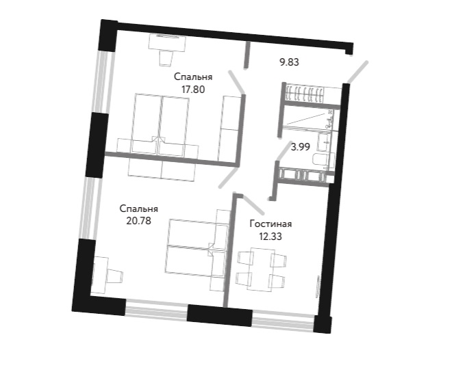 2-комнатная квартира  №1-10-3 в Next: 66.3 м², этаж 10 - купить в Санкт-Петербурге