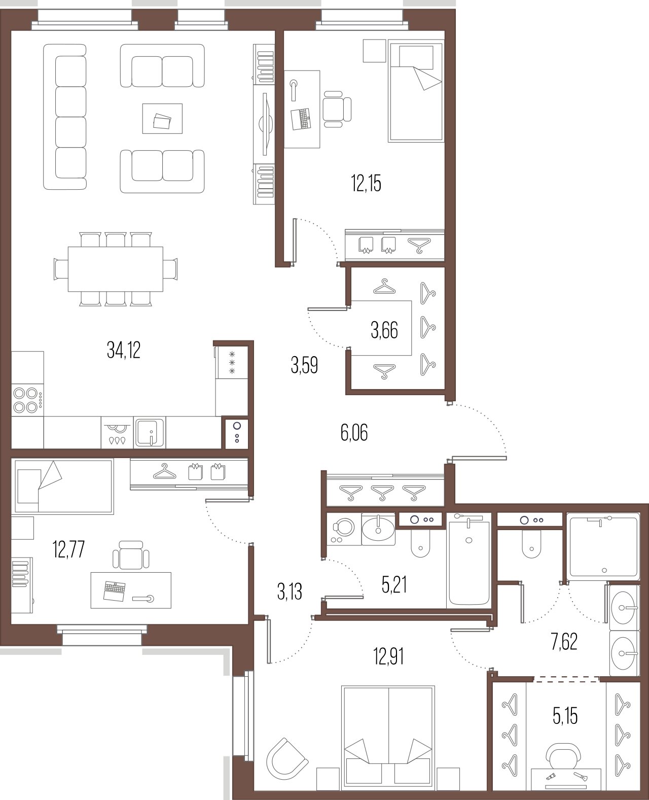 3-комнатная квартира  №321 в Domino: 105.73 м², этаж 7 - купить в Санкт-Петербурге