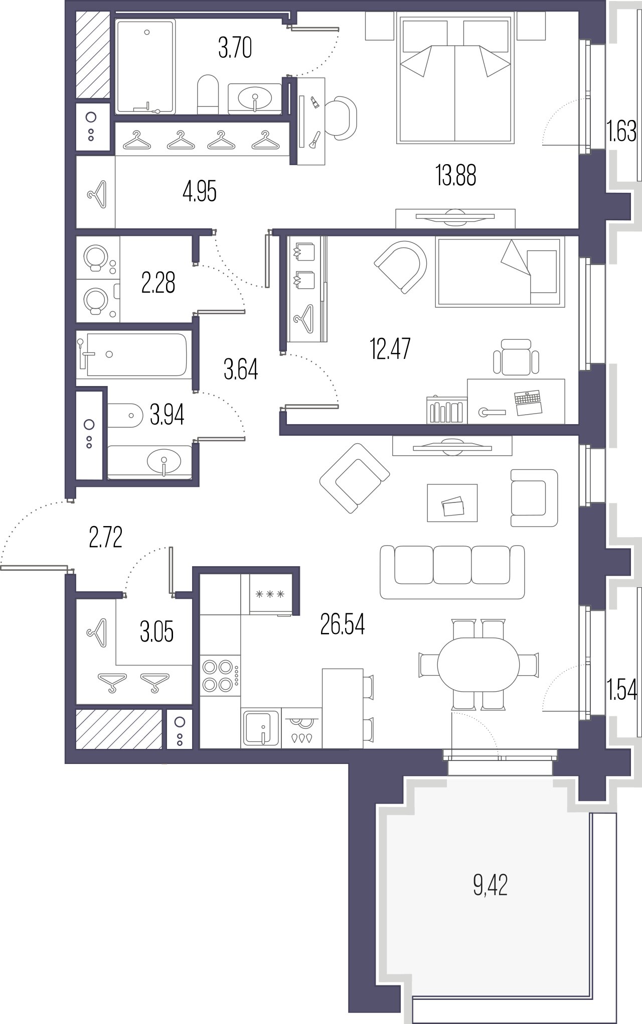 2-комнатная квартира  №482 в Сампсониевский, 32: 77.14 м², этаж 5 - купить в Санкт-Петербурге