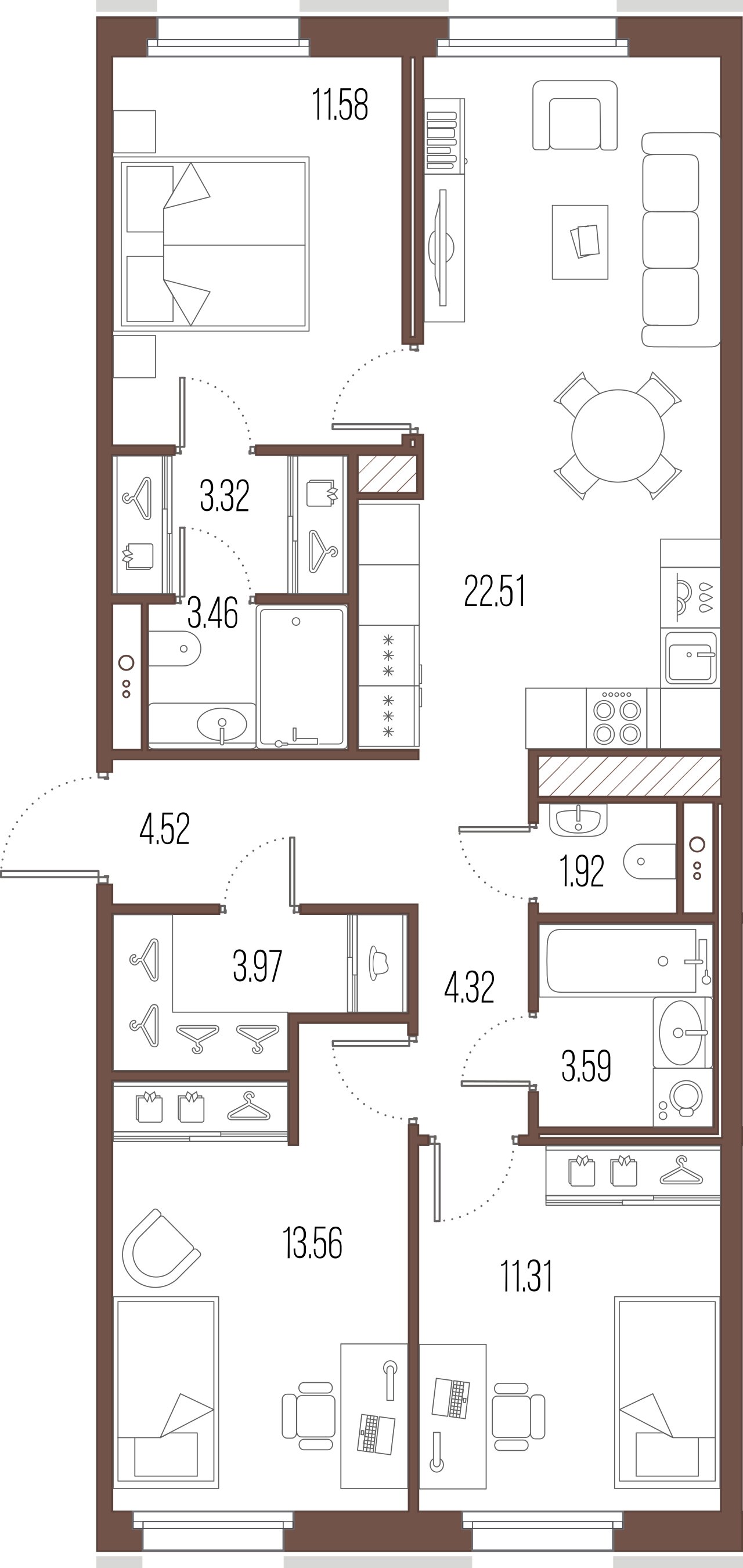 3-комнатная квартира  №366 в ЖК Эталон на Неве: 84.06 м², этаж 3 - купить в Санкт-Петербурге