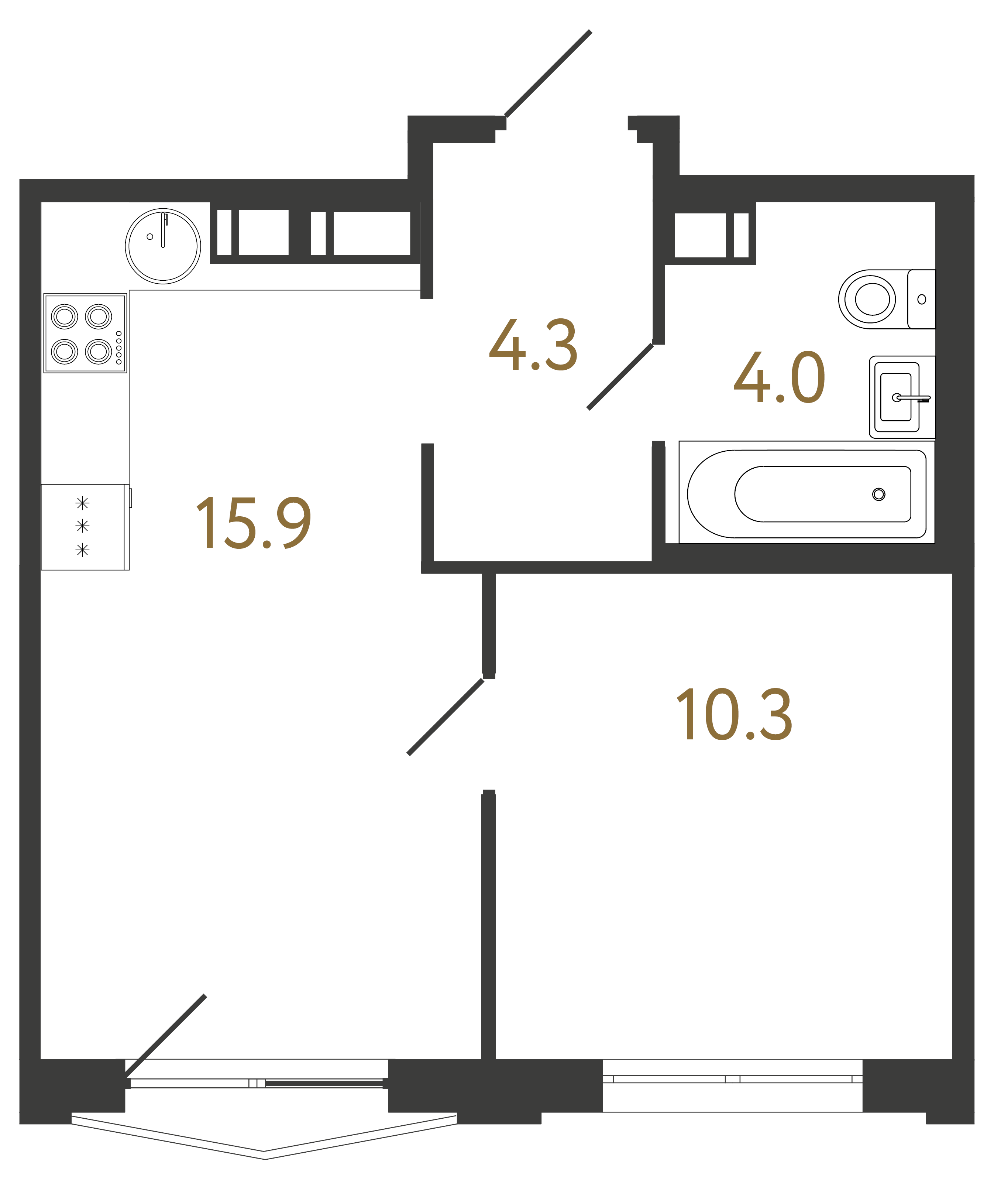 1-комнатная квартира  №388 в Струны I: 34.5 м², этаж 9 - купить в Санкт-Петербурге