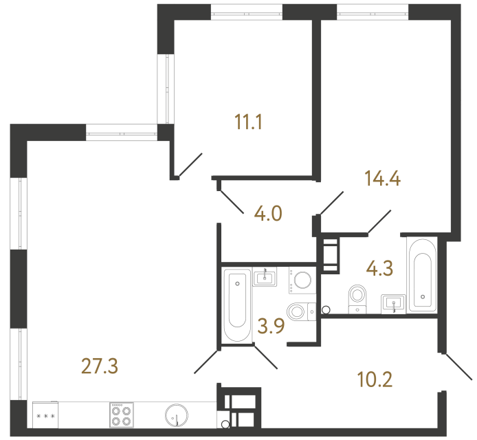 2-комнатная квартира  №568 в Струны I: 75.2 м², этаж 23 - купить в Санкт-Петербурге