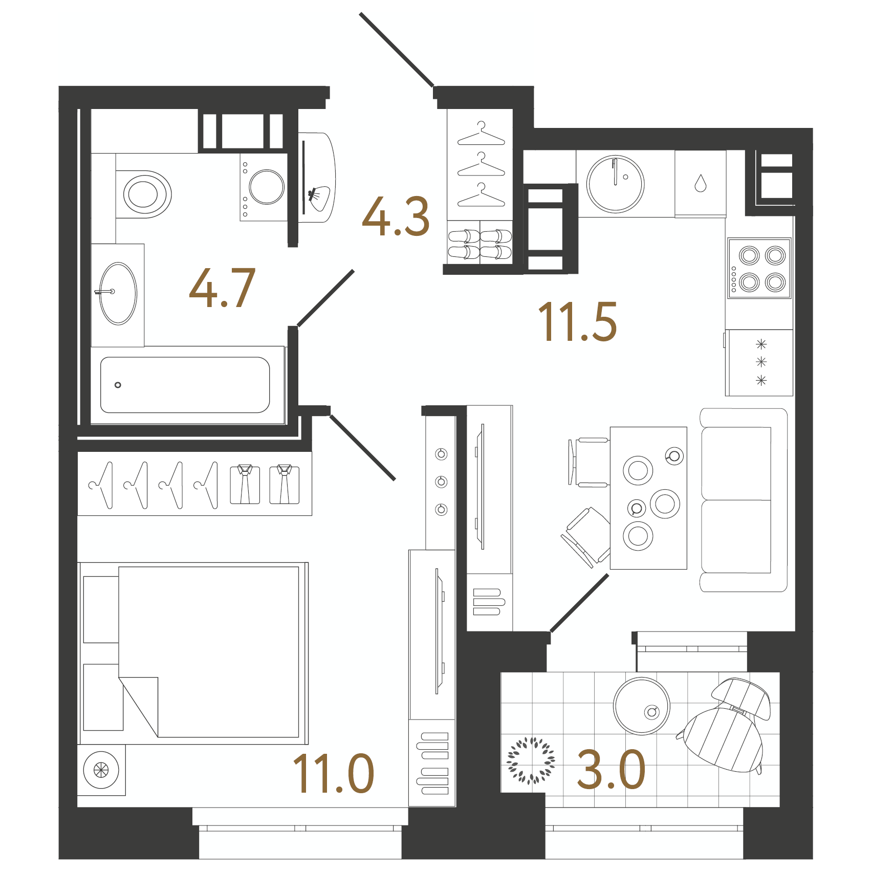 1-комнатная квартира  №12 в Куинджи: 31.5 м², этаж 3 - купить в Санкт-Петербурге