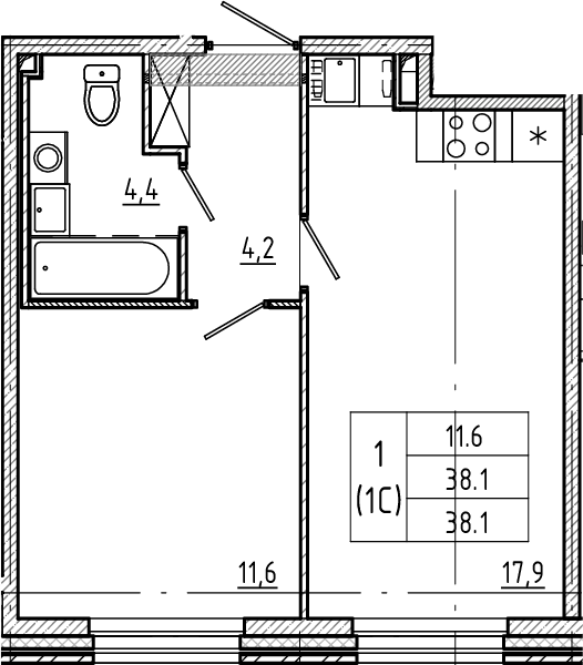1-комнатная квартира  №79 в NEOPARK: 38.1 м², этаж 2 - купить в Санкт-Петербурге