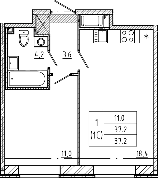 1-комнатная квартира  №110 в NEOPARK: 37.2 м², этаж 6 - купить в Санкт-Петербурге