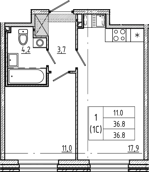 1-комнатная квартира  №4 в Большая Охта: 36.8 м², этаж 2 - купить в Санкт-Петербурге