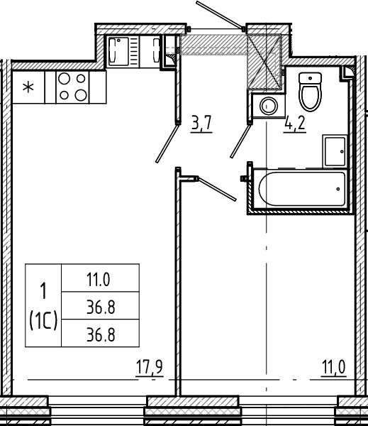 1-комнатная квартира  №5 в Большая Охта: 36.8 м², этаж 2 - купить в Санкт-Петербурге