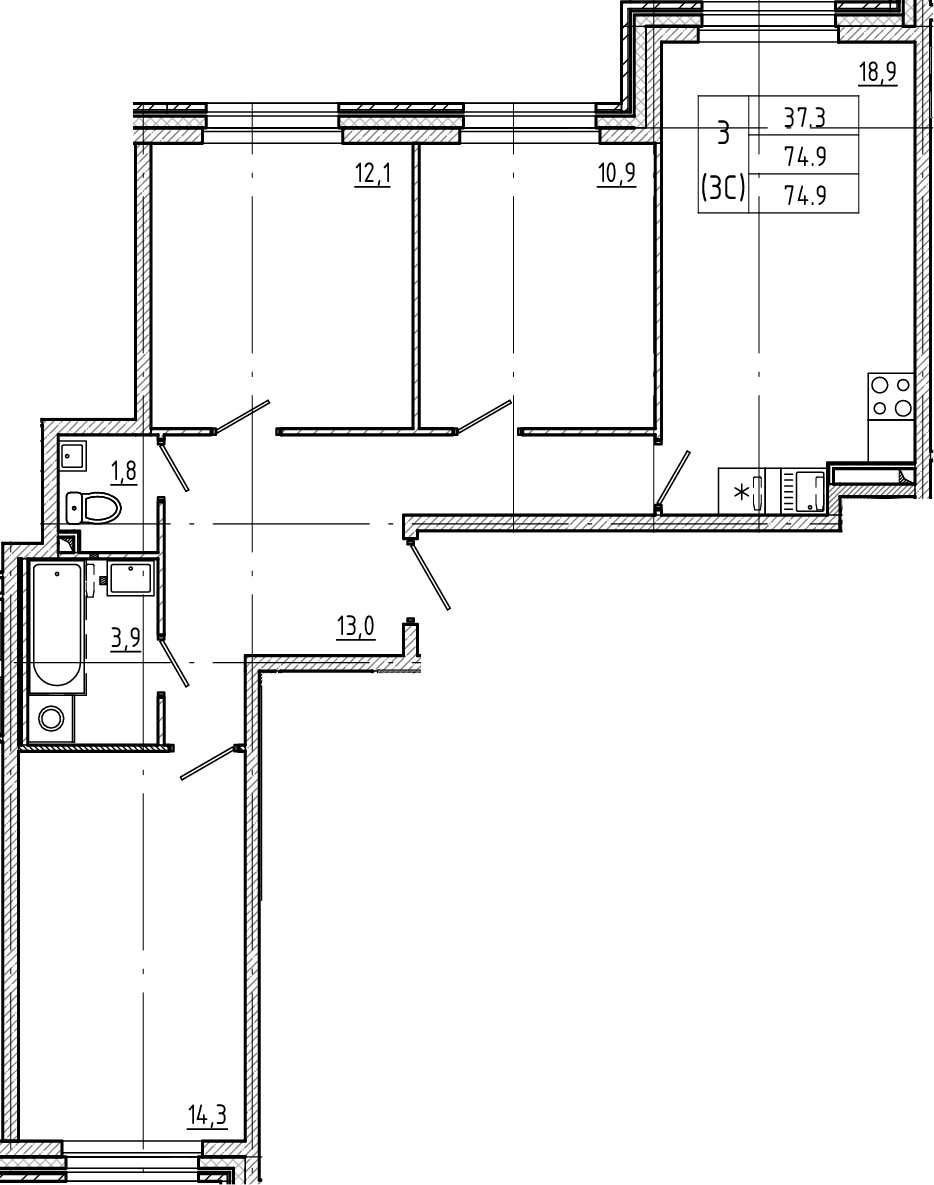 3-комнатная квартира  №78 в NEOPARK: 74.9 м², этаж 2 - купить в Санкт-Петербурге