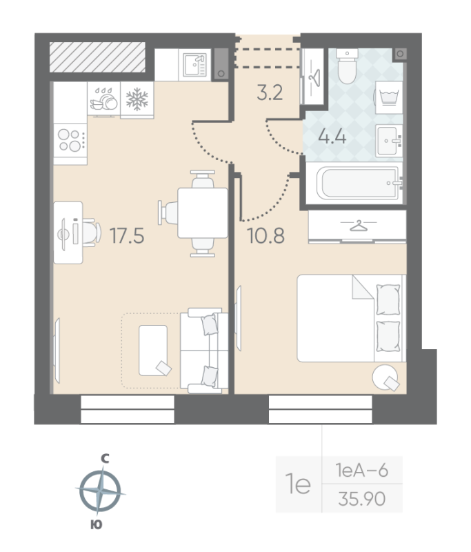 1-комнатная квартира  №103 в Малоохтинский, 68: 35.9 м², этаж 2 - купить в Санкт-Петербурге