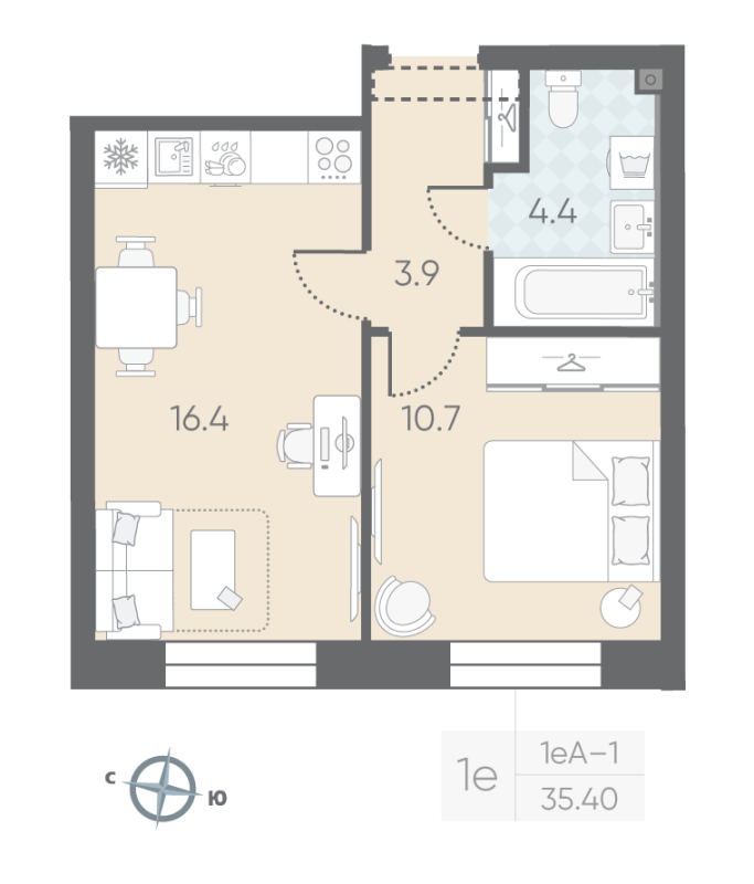 1-комнатная квартира  №11 в Большая Охта: 35.4 м², этаж 3 - купить в Санкт-Петербурге