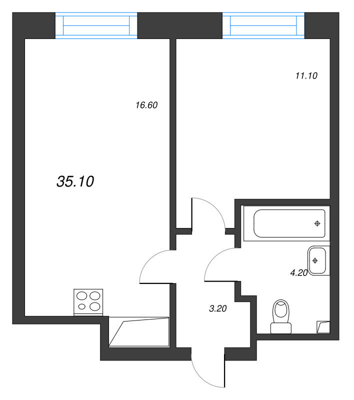 1-комнатная квартира  №288 в The One: 35.1 м², этаж 4 - купить в Санкт-Петербурге