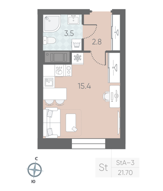 1-комнатная квартира  №132 в Малоохтинский, 68: 21.7 м², этаж 8 - купить в Санкт-Петербурге