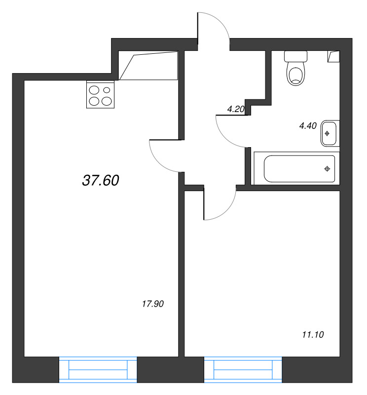 1-комнатная квартира  №27 в Идеалист: 37.6 м², этаж 4 - купить в Санкт-Петербурге