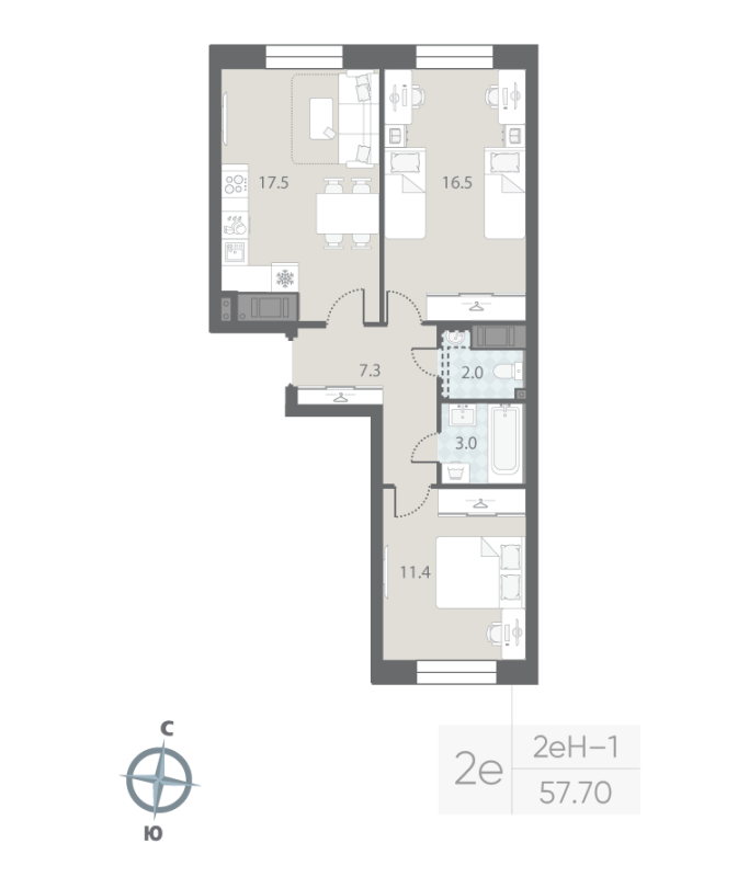 2-комнатная квартира  №30 в Большая Охта: 57.7 м², этаж 6 - купить в Санкт-Петербурге